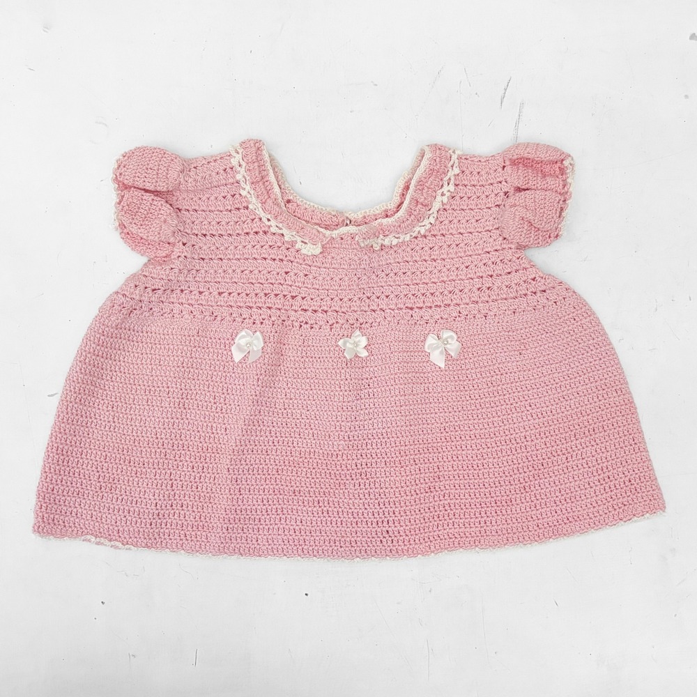 Vintage‎ Handmade Pink Crochet Baby Dress 3-6M Bows Pearl Accents Heart Buttons